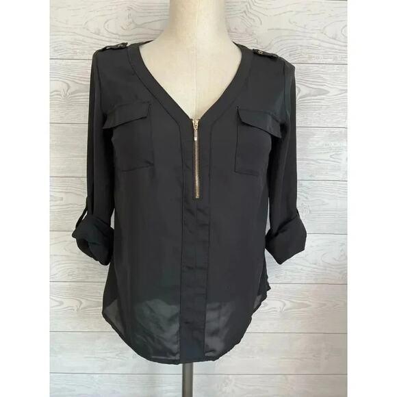 Candie’s semi-sheer black  roll tab blouse Size Small - Picture 1 of 7